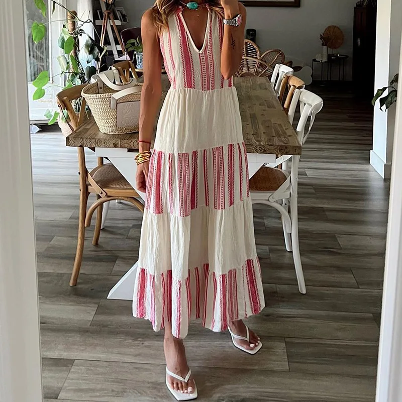 BAMBOOBOY Pink Striped Patchwork White Sleeveless Long Dresses for Women High Waist V-Neck Summer A-Line Casual Beach Sundress