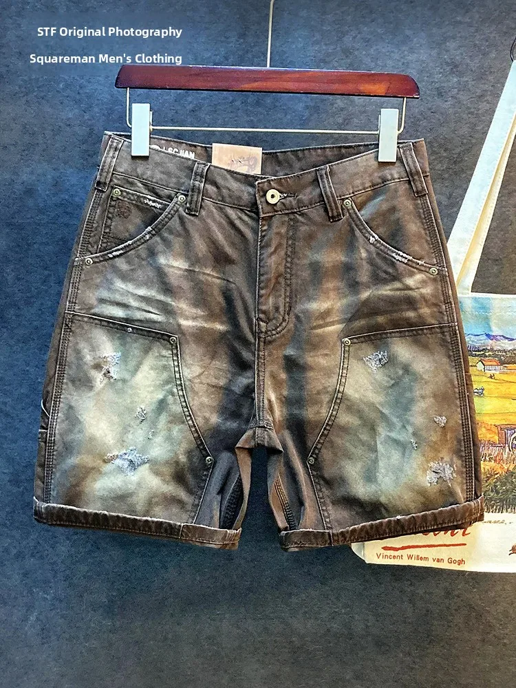 

High Quali Vintage Workwear orts Men's Spring Summer Thin Worn Five ket Loose Casual Mid-Calf Pants Faion Urban Sle