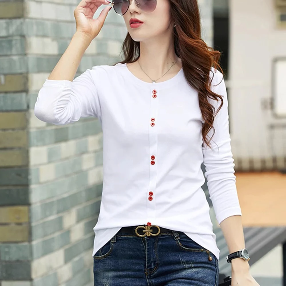 Korean version pure cotton long sleeved t-shirt women\'s autumn new fashion plus size light luxury round neck casual slim fit top