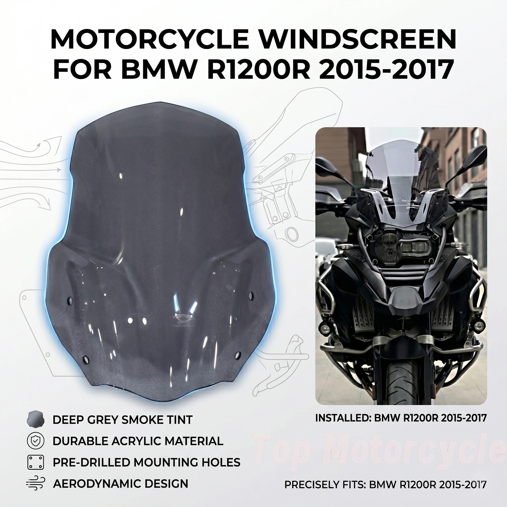 For BMW R1200R Windscreen Upgrade Kit for 15-17 Models Rear Windshield Heightening Modification for Enhanced Riding Experience