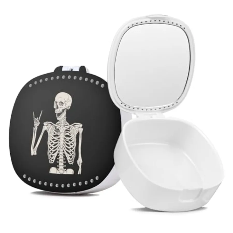 Retainer Case with Mirror and Ventilation Holes - Night Guard and Orthodontic Aligner Case, Black Skull