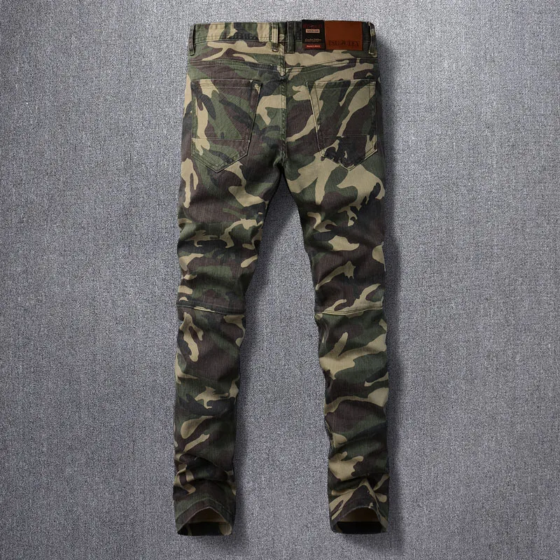 Designer Fashion Men Jeans High Quality Camo Stretch Slim Fit Vintage Jeans Men Side Pocket Spliced Hip Hop Denim Pencil Pants