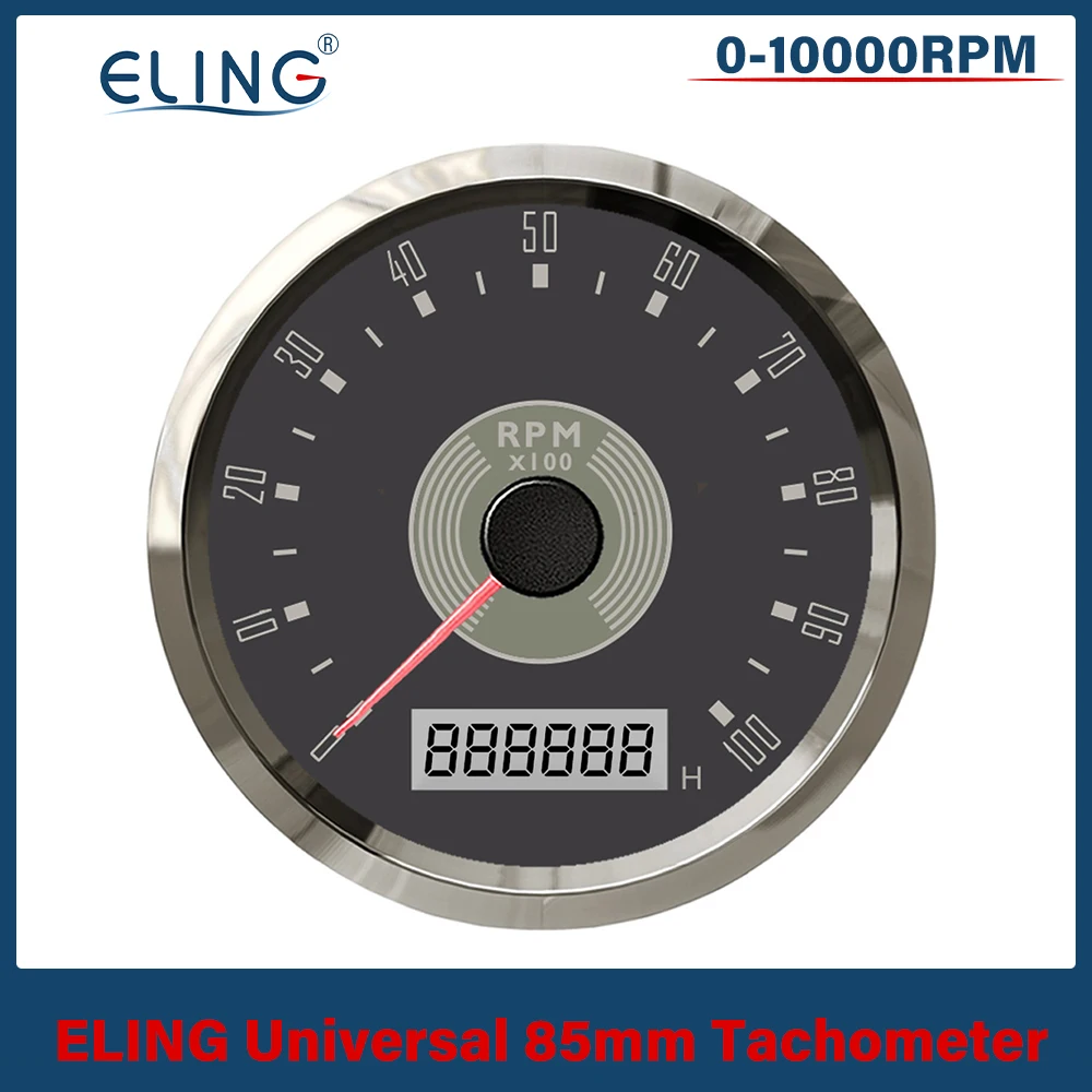 ELING 85mm Tachometer 0-8000RPM 0-10000RPM with LED Hourmeter Adjustable Red Yellow Backlight for 12V 24V Boat Car Motorcycle