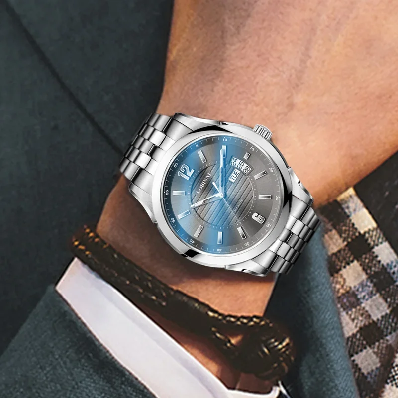 LOBINNI 5005 Men's Automatic Mechanical Watch Stainless Steel Sapphire Crystal Water-Resistant to 50M Luxury Date Day Display