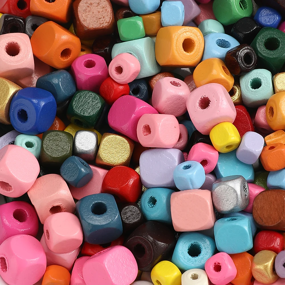 Square Wooden Beads 6/8/10mm Multicolor Cube Wood Spacer Beads Large Hole for DIY Bracelet Necklace Jewelry Handcraft Supplies