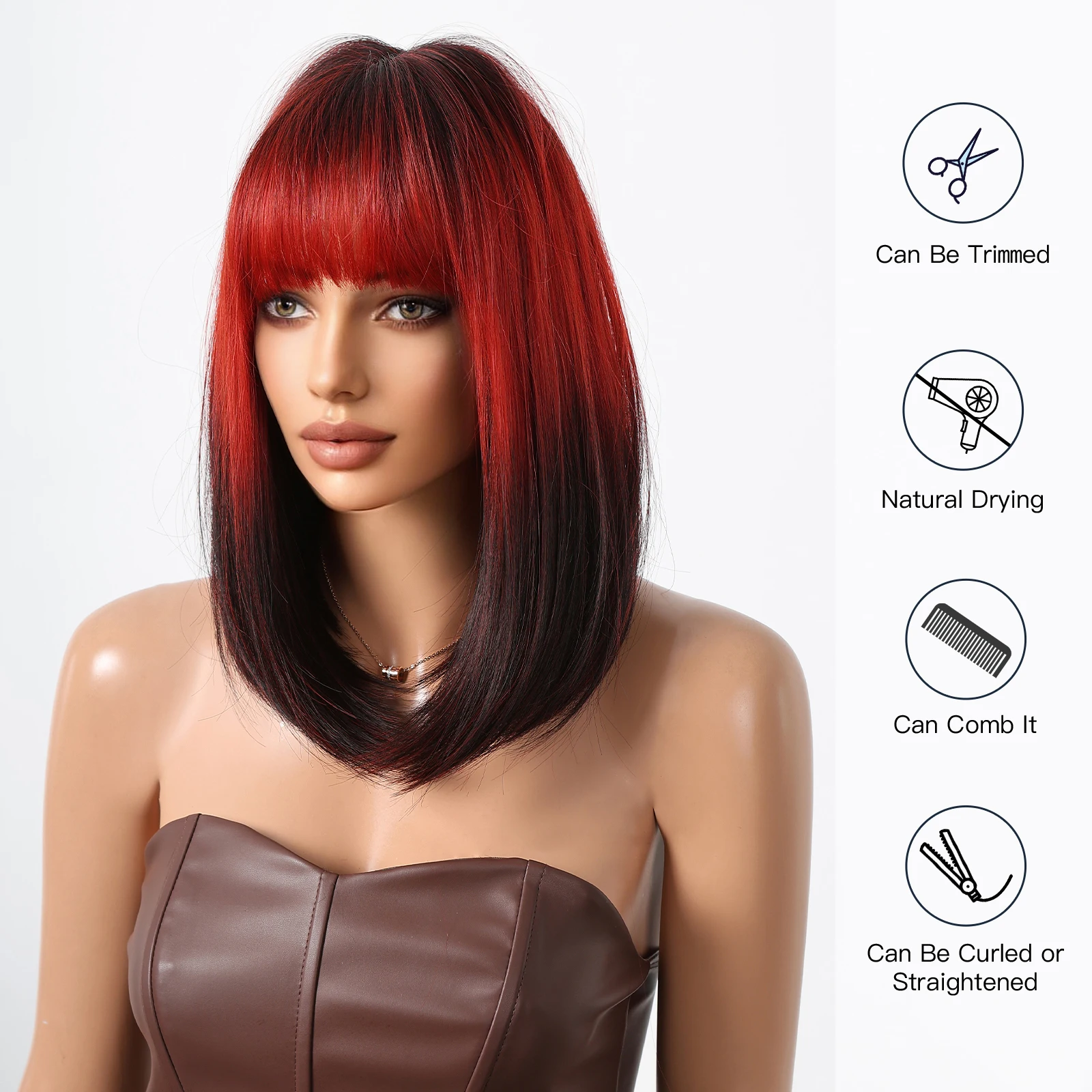 HENRY MARGU Short Red to Black Wig Ombre Bob Synthetic Wigs with Bangs Medium Length Straight Hair Heat Resistant Party Daily