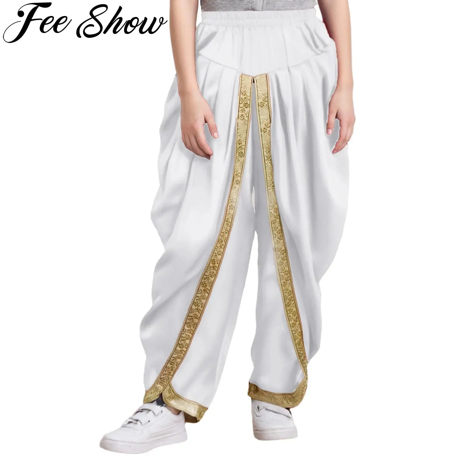 Boys Indian Satin Dhoti Pants Halloween Carnival Party Arabian Prince Cosplay Costume Elastic Waistband Draped Baggy Trousers