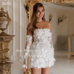 Qanz Elegant Short Wedding Dresses White Flowers Mermaid Detachable Sleeves Vestidos De Novia Vestidos En Oferta Liquidación