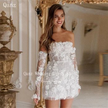 Qanz Short Wedding Dresses White Flowers Mermaid Detachable Sleeves Vestidos De Novia Vestidos En Oferta Liquidación Customized