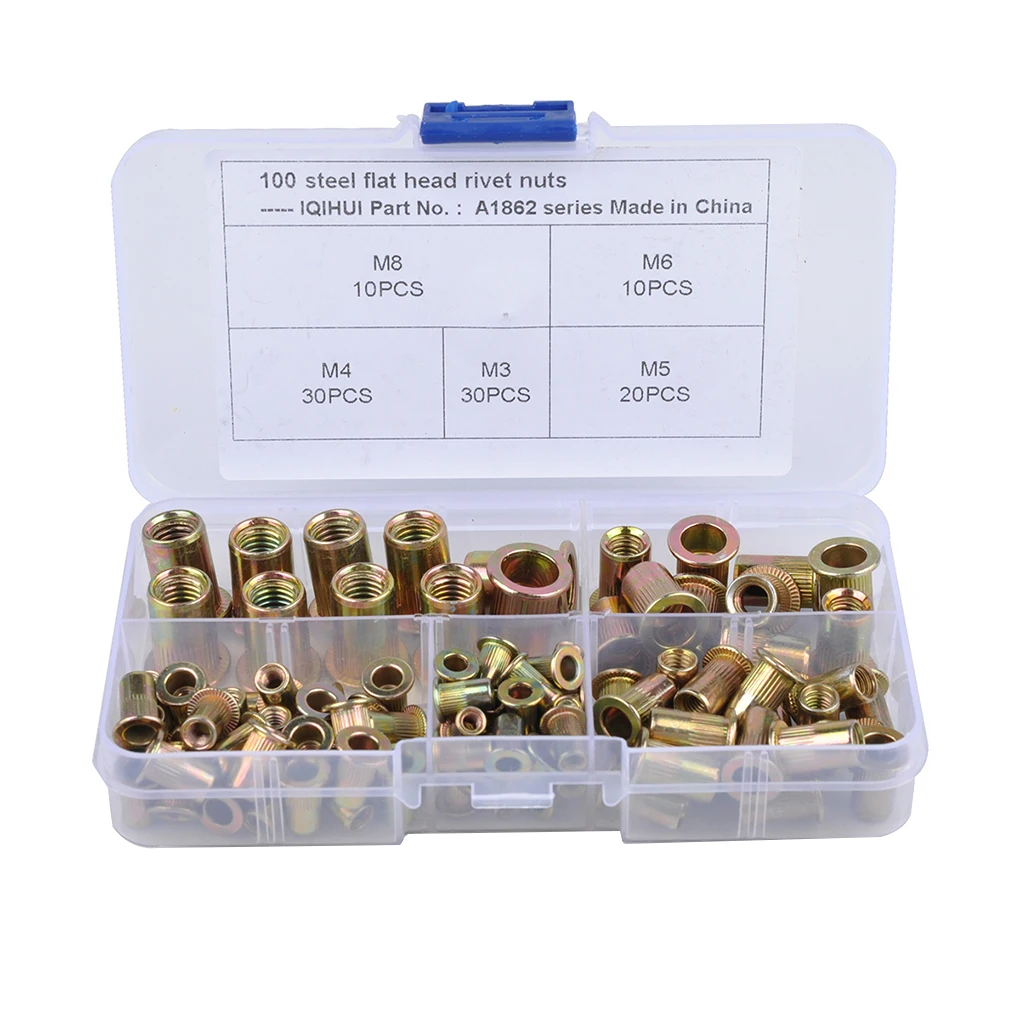 100PCS Set M3 4 5 6 8 Rivet Nut Carbon Steel Flat Head Threaded Rivet Nut Sert Cap Assortment Tool Kits