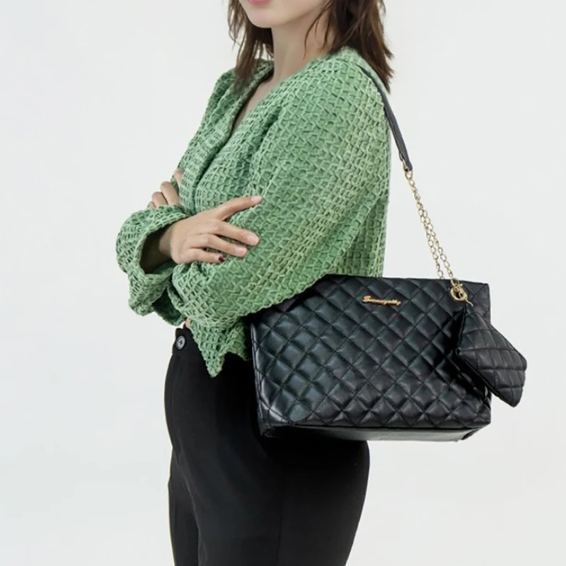 

Модная женская сумка через плечо большой емкости из искусственной кожи с ромбовидной сеткой и мини-кошельком для монет