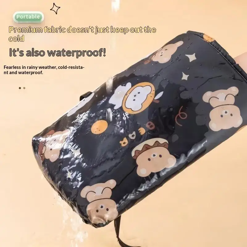 2Pcs Cute Bear Print Winter Motorcycle Handlebar Muffs Thickened Coral Fleece for Cold Weather Outdoor Riding