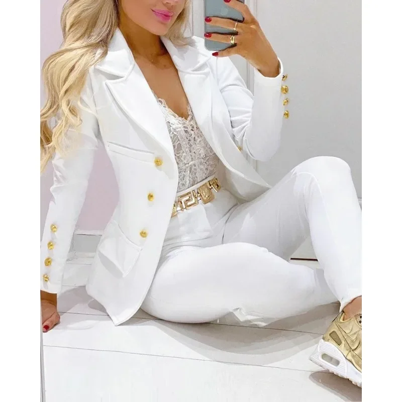 2024 Women Two Piece Clothes Set Spring Summer Solid Color Cardigan Single-Breasted French Casual Suit Jacket Skinny Pants