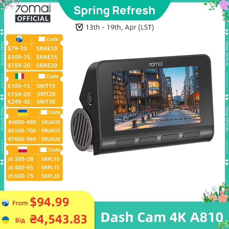 

70mai 4K Dash Cam A810 HDR Built-in GPS ADAS 24H Parking 4G Compatible Car DVR 70mai A810