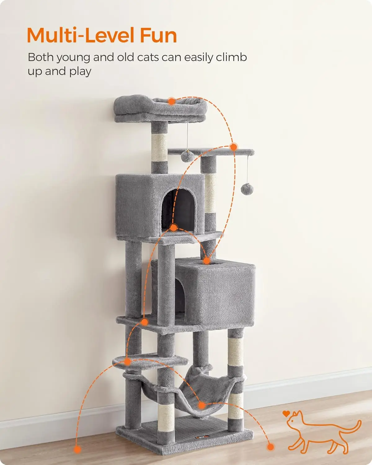 61-Inch Cat Tower for Indoor Cats, Plush Multi-Level Cat Condo