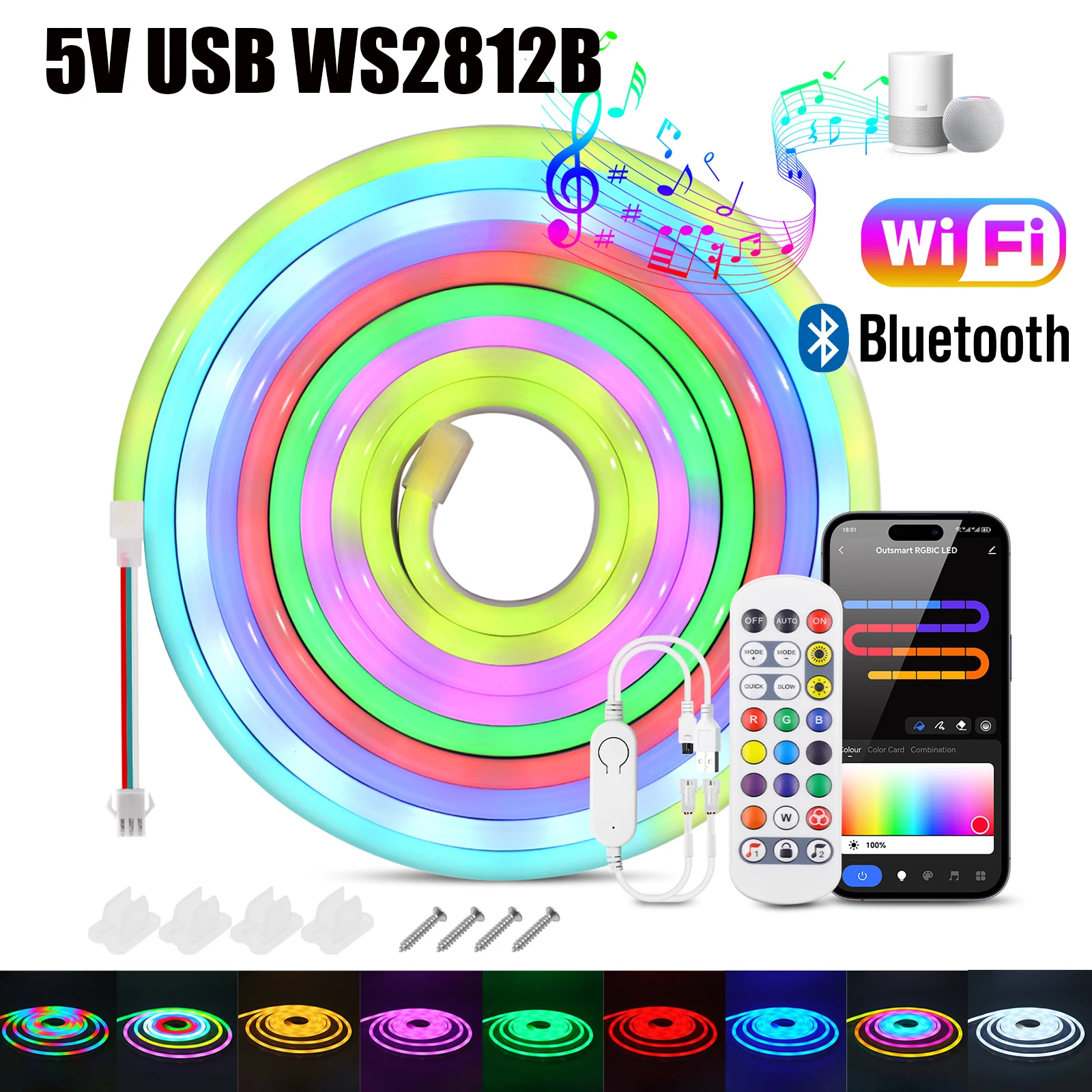 DC 5V USB WS2812B RGBIC Neon Strip WIFI Bluetooth APP Control Garden Home Decor  IP67 Waterproof Flexible Ribbion Rope LED Strip