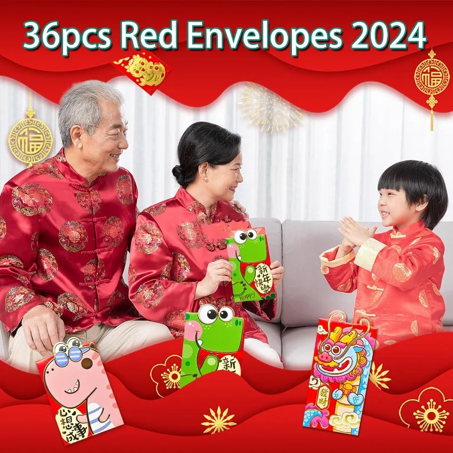 36 pezzi buste rosse cinesi 2024 Lur Capodanno cartone animato drago dinosauro pieghevole pat rosso per 2 dimensioni lussuoso colorato denaro fortunato