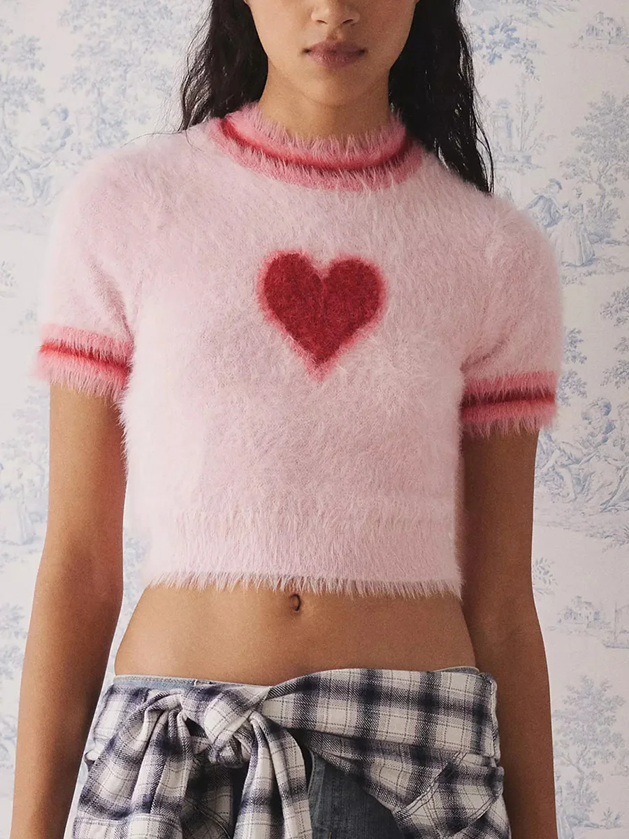 

Women Plush Crop Top Cute Short Sleeve Crewneck Heart/Cherry/Star Print Short T-shirt Soft Slim Fit Baby Tee Y2K 2000s Aesthetic