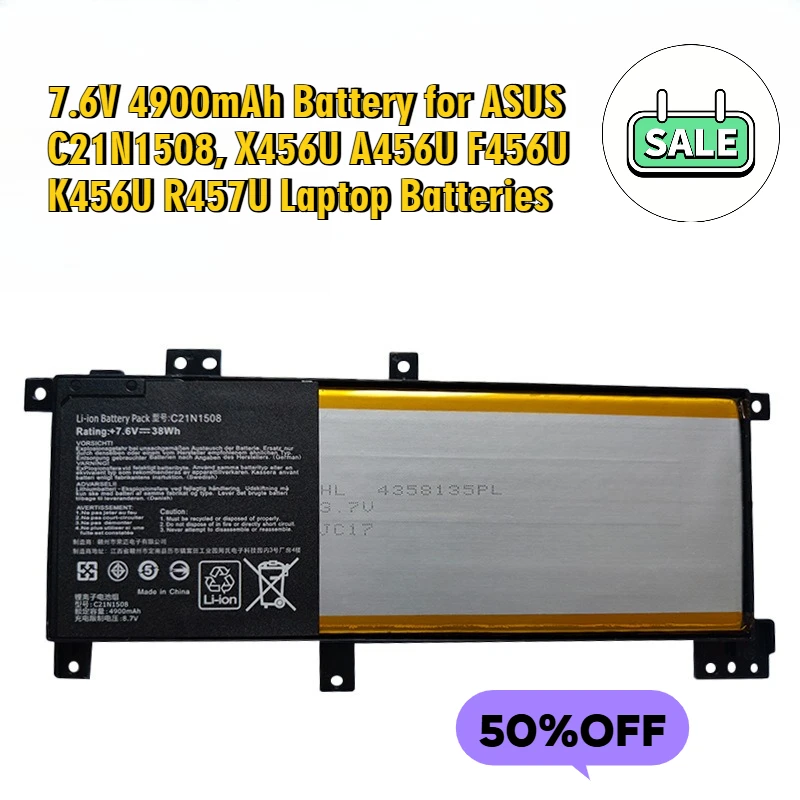 

7.6V 4900mAh Battery for ASUS C21N1508, X456U A456U F456U K456U R457U Laptop Batteries