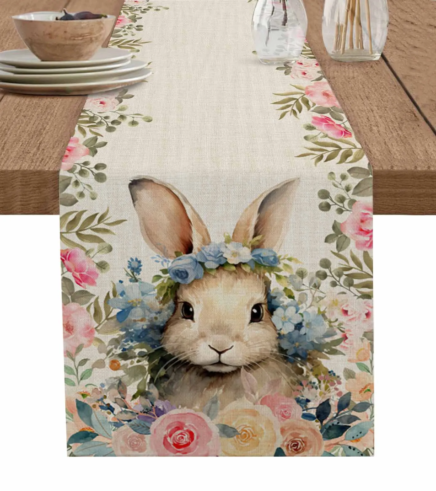 

Easter Rabbit Watercolor Flower Decorations Coffee Table Decor Tablecloth Table Kitchen Decorative Table Runner