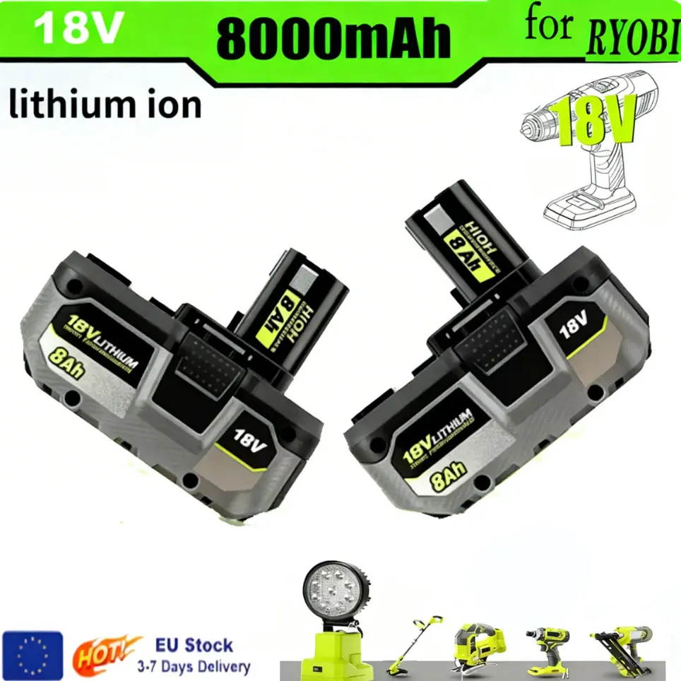 Batterie haute capacité RYOBI 18V 8Ah 2026, dernière version, alimente tous les outils sans fil plus longtemps, technologie lithium-ion améliorée