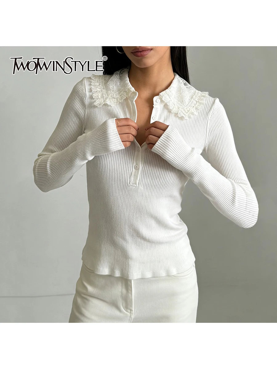 

TWOTWINSTYLE Solid Spliced Single Breasted Slimming T Shirts for Women Lapel Long Sleeves Patchwork Lace Basics T Shirt Female