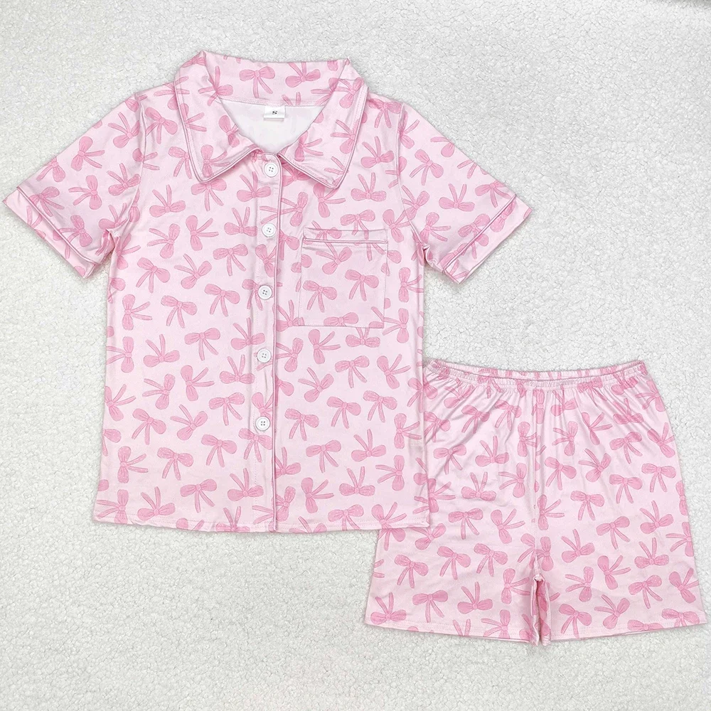 

New Arrival Adult Women Pajamas Pink Bows Buttons Tops Shorts Sleepwear Clothes Set Boutique Clothing Women Nightwear Suit Adult