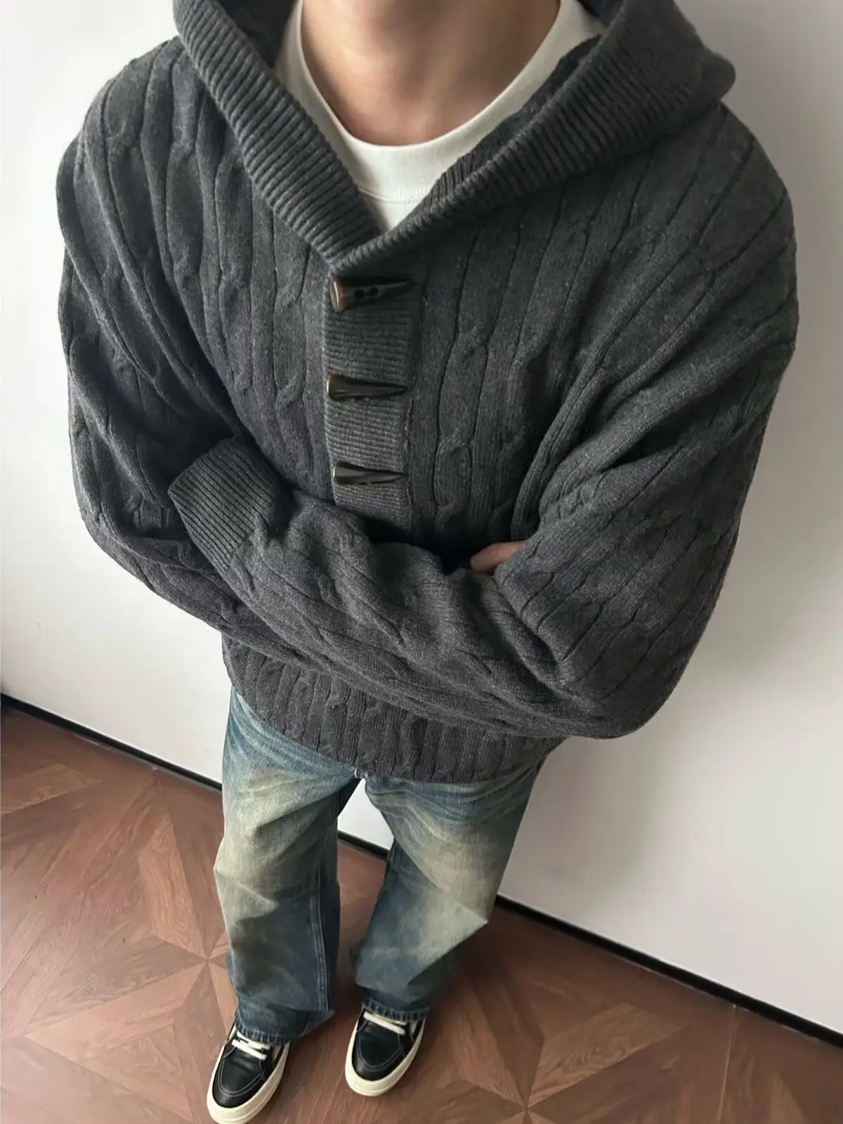 

Модная вязаная шапка и повседневный мужской свитер-кардиган из полиэстера с длинными рукавами на пуговицах для осени и зимы, обеспечивающие тепло