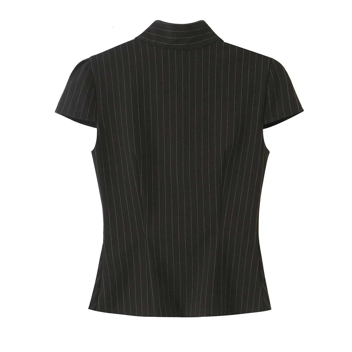 BSAY 2026 Neue Retro Preppy-Style Damen Bluse mit Stehkragen, Doppelreihig, Kurzarm, Schmal Geschnitten, Kariert und Gestreift, Arbeitsbluse – Detail 6