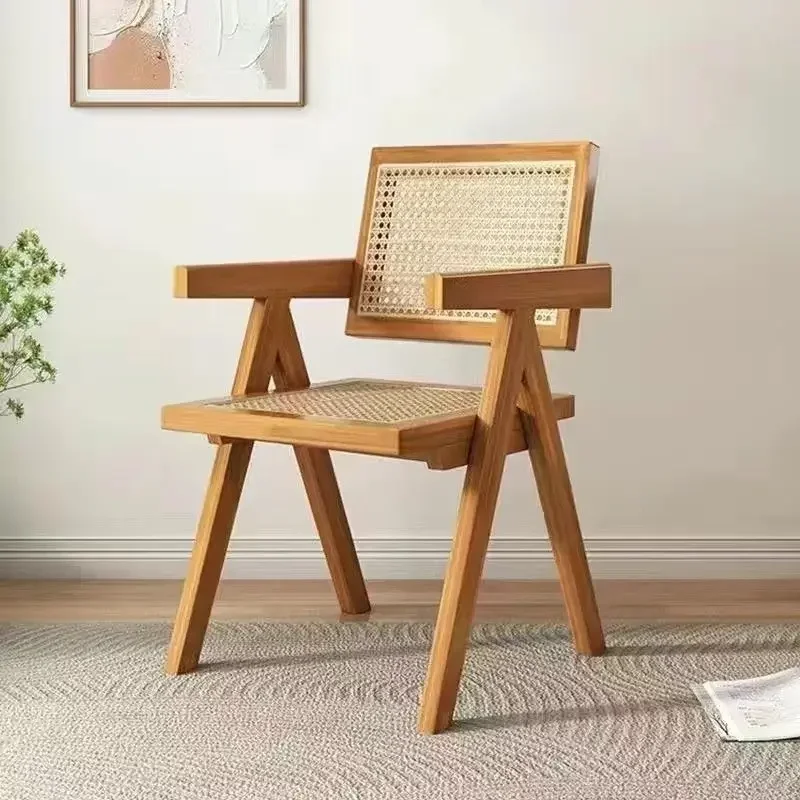 Rattan-woven chairs accommodation hotel home use solid wood dining chair Nordic log armrest back Chandigarh chair rubber wood