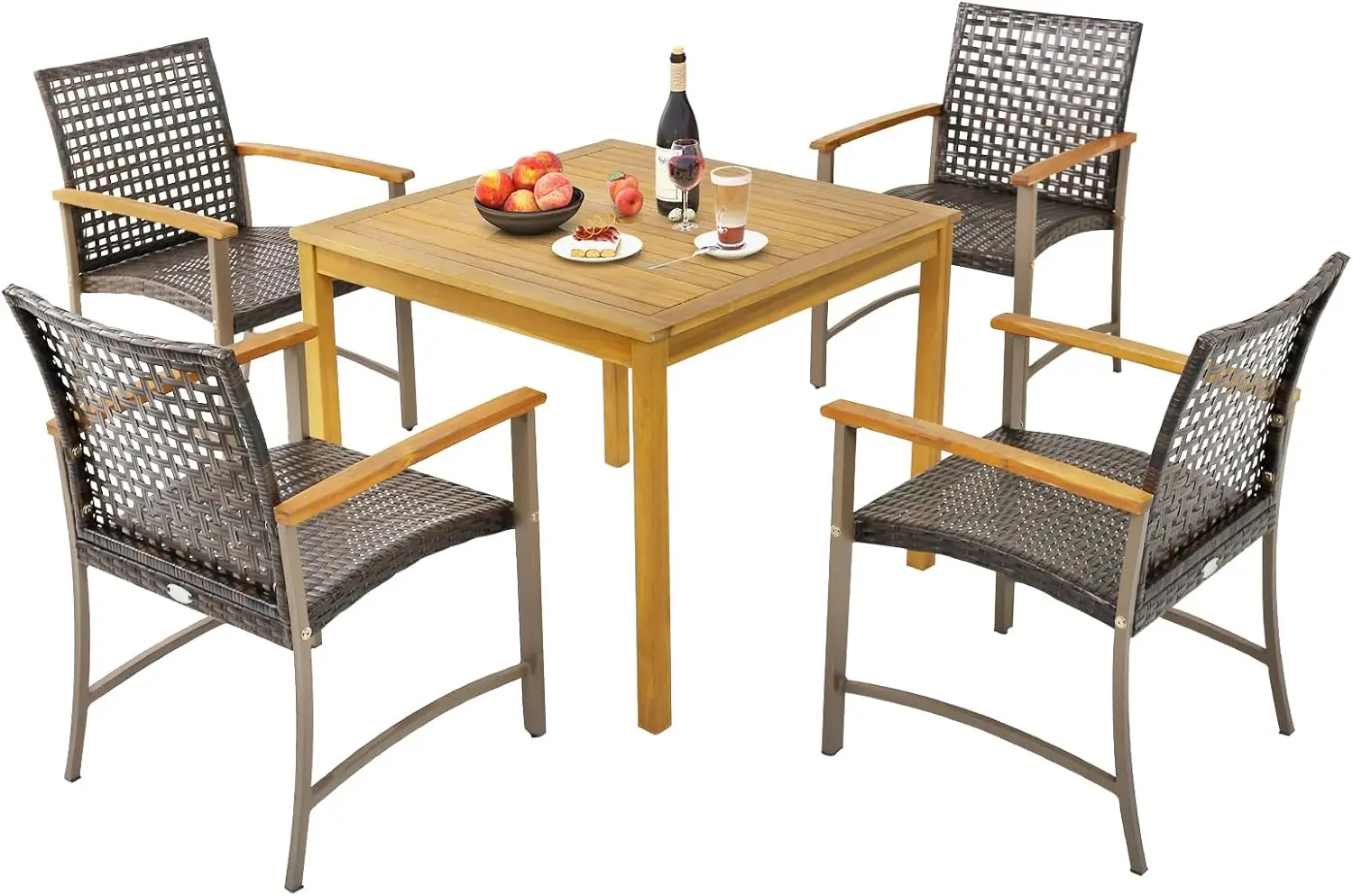 

5 Pieces Patio Dining Set, 4 Wicker Armchairs and Square Acacia Wood Dining Table with 1.9” Umbrella Hole