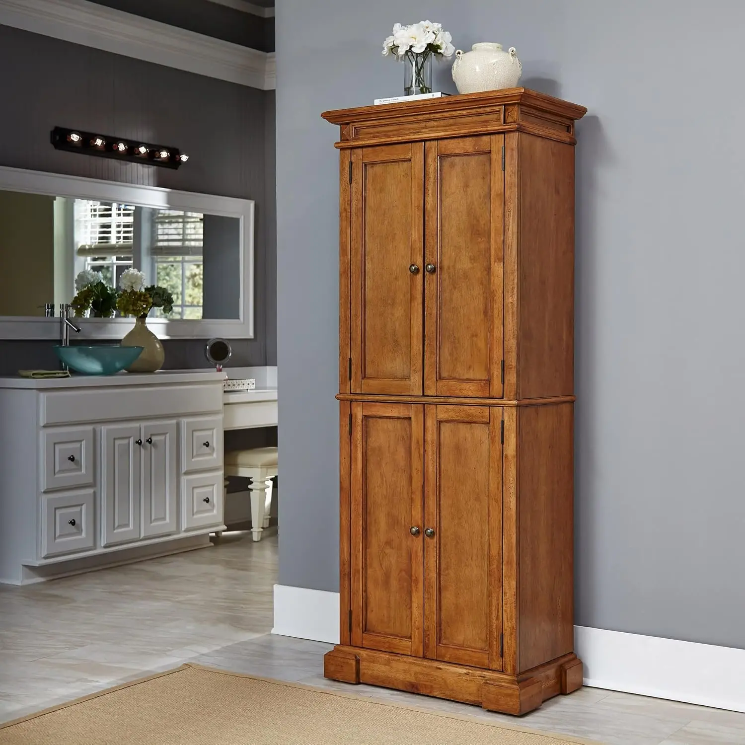 Pantry with Drawer and Adjustable Shelves 72 Inches High by 30 Inches Wide Distressed Oak