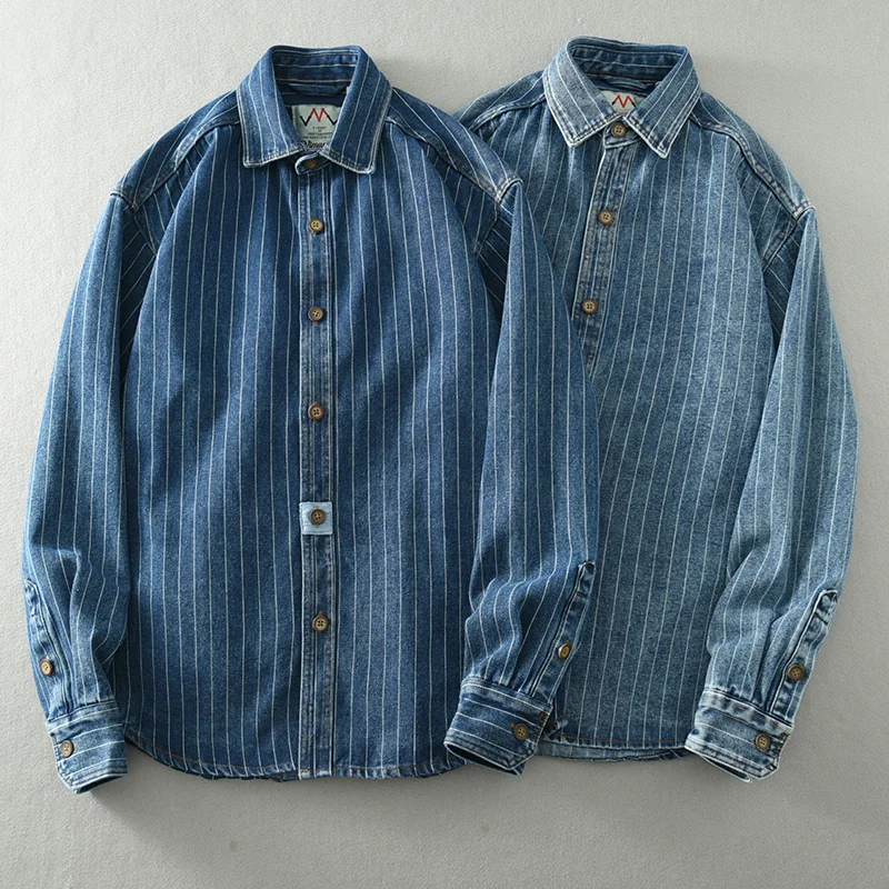 American Style Classic Nostalgic Striped Denim Shirt Men\'s Long Sleeve Washed Loose Blue Fashionable plus size Shirt for Men