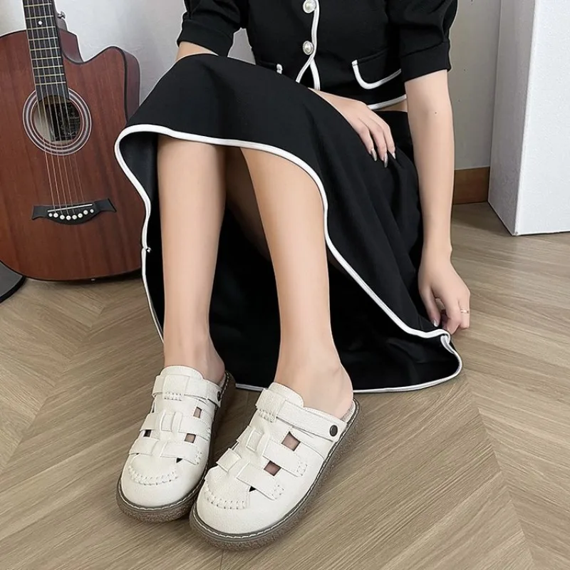 Leisure Women's Sandals Minimalist Woven Bun Toe Thick Sole Slippers 2024 New Summer White Versatile Roman Shoes image 6