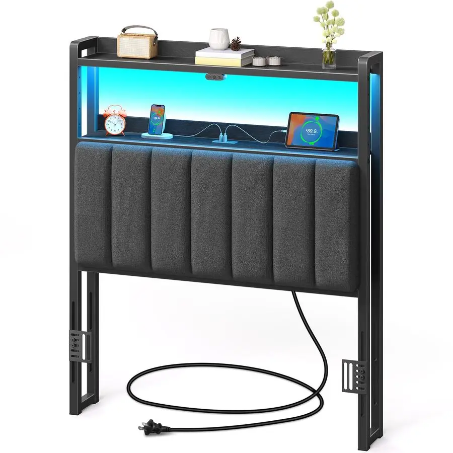 

Headboard for Twin Size Bed with Storage, 60,000 DIY Color of LED Light, Head Board with USB amp Type C Port, Height Adjustable