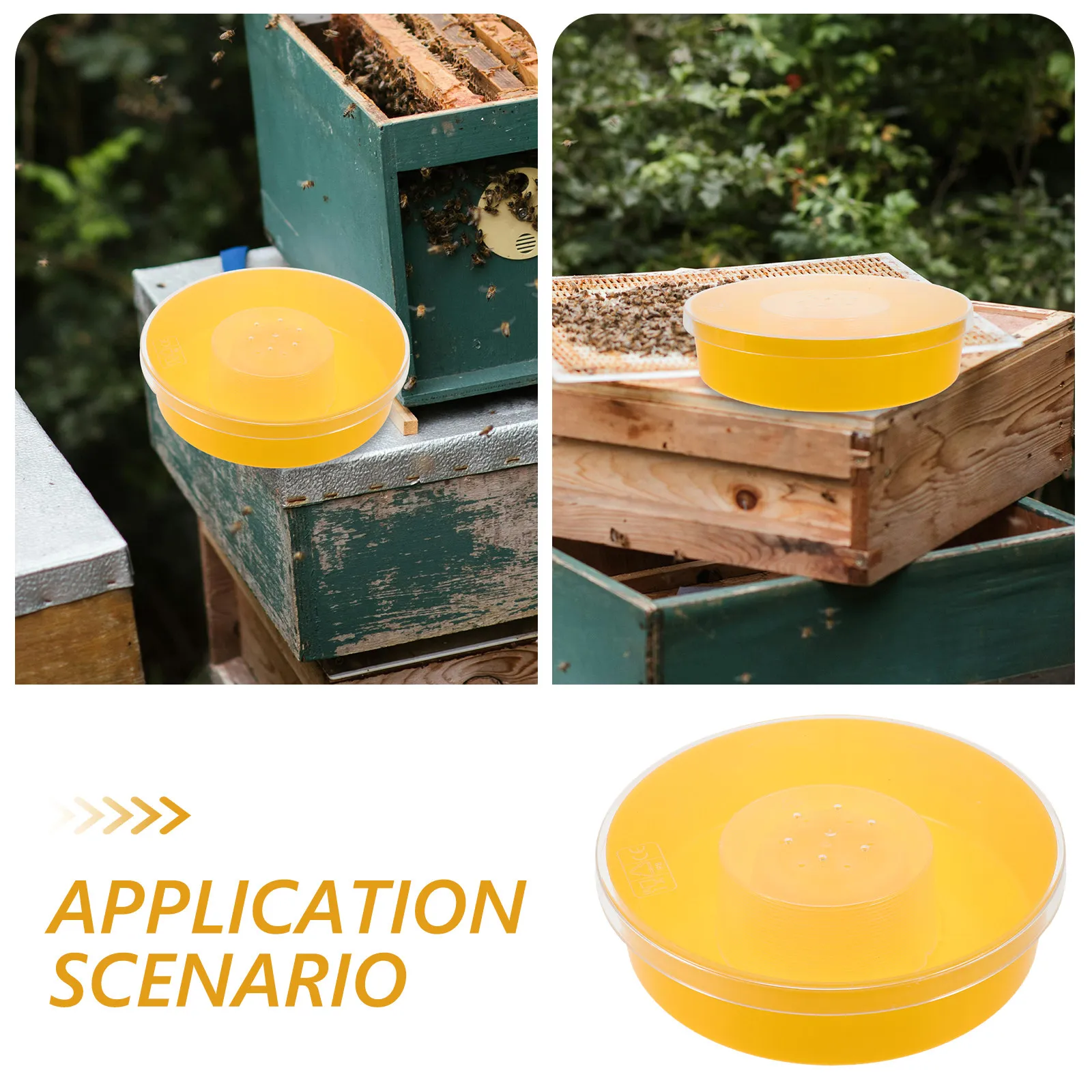 Yellow Round Bee Feeder for Hive Top Use Safe Bpa Free Plastic Beekeeping Tool with Center Access Hole Transparent Observation