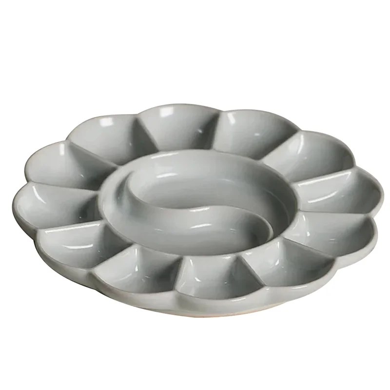 Handmade Celadon Palette Plum Blossom-Shaped Watercolor Paint Tray Ru Kiln  Plate And Pen Holder