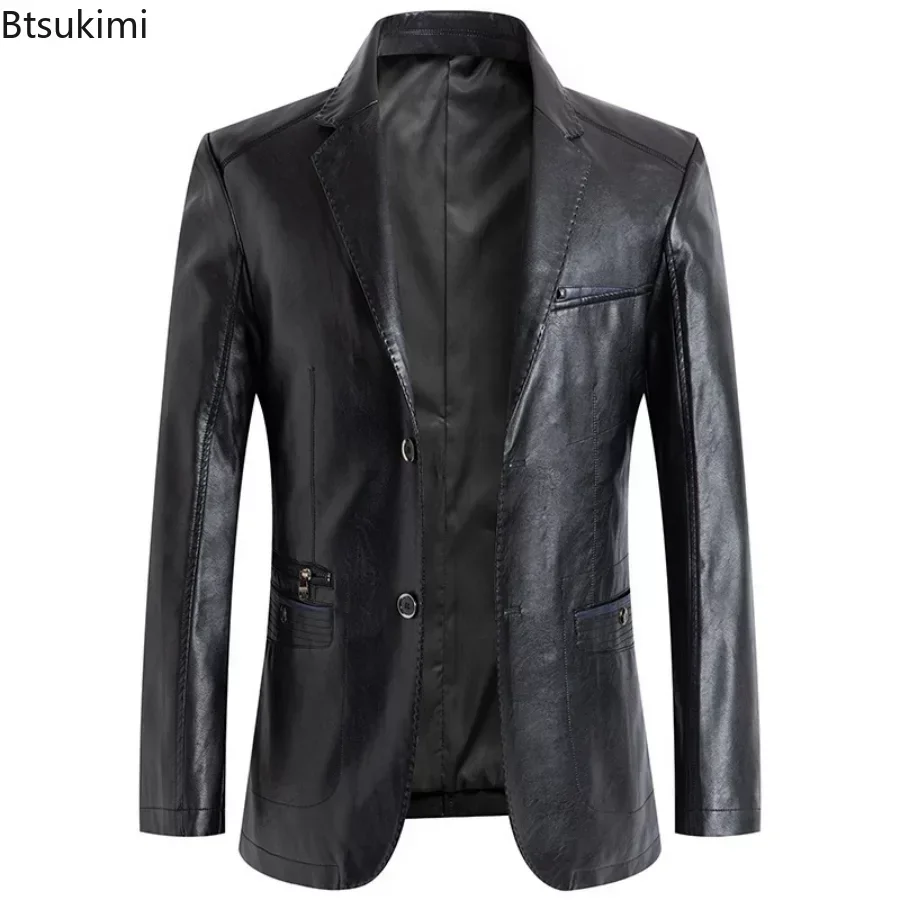 New 2024 Men\'s Brand Leather Jacket Spring Autumn Solid Color Slim Fit Blazer Jackets Man Causal Waterproof Coat Oversized M-7XL