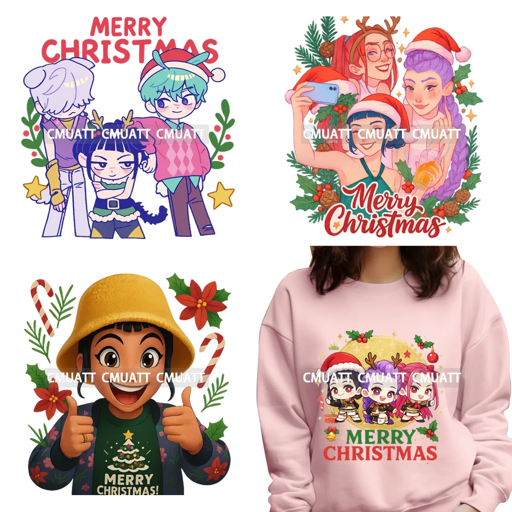 

Xmas Santa Cute Kpop Girls Group Merry Christmas Holly Bells Iron on DTF Washable Transfers Stickers Ready to Press for Clothes