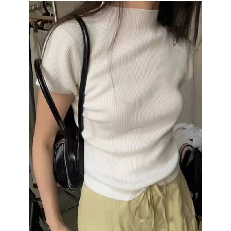 

Вязаный топ с короткими рукавами и воротником-стойкой для женщин, вязаные топы с воротником-стойкой на пуговицах сзади, пуловеры, базовый наряд на весну и лето