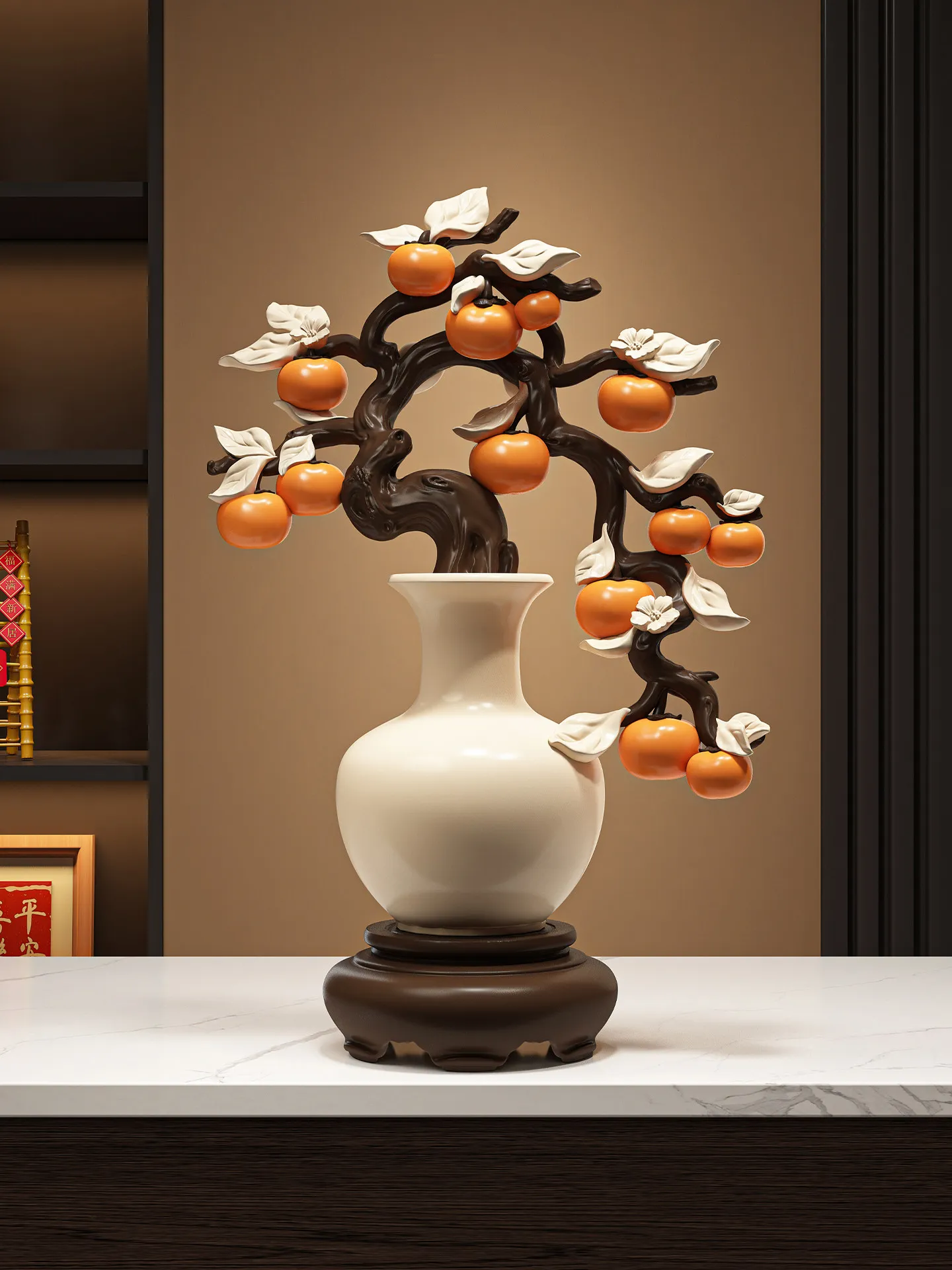 Persimmon Ornament Vase, Persimmon-Themed Wealth-Attracting High-End Wine Cabinet Decor, Premium Housewarming Gift
