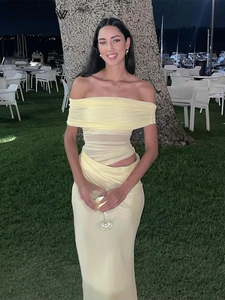 Cutenew Elegant Mesh Patchwork Dresses Women Solid Off Shoulder See Through Waistless Slim Maxi Vestidos Mujer High Street Robe
