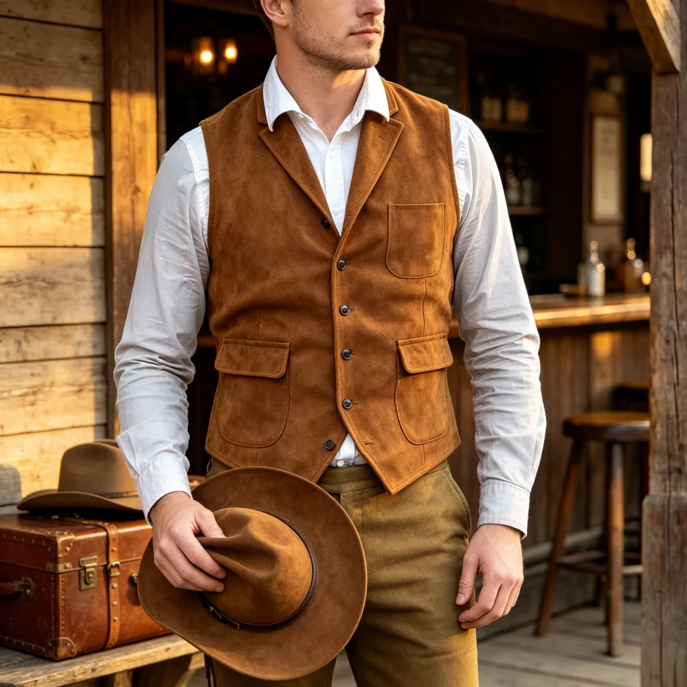 Men's Suede Vest Single Breasted Sleeveless Multi Pockets Vintage Western Cowboy Men's Waistcoat For Outerwear Vests