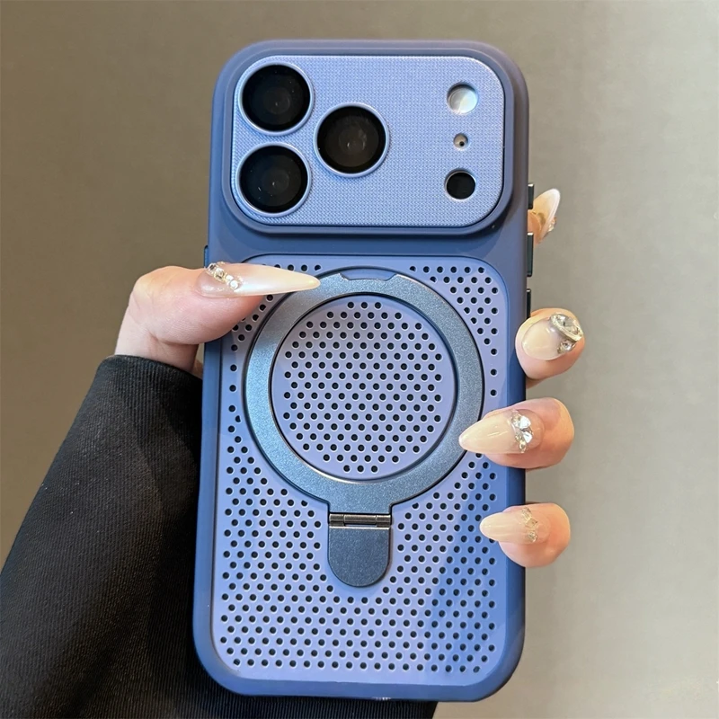 Luxuriöse Wärmeableitungs-Handyhülle mit Halterung für iPhone 17 Pro Max 12 13 14 15 16 Plus, magnetischer Ständer, matte Stoßfänger-Rückabdeckung