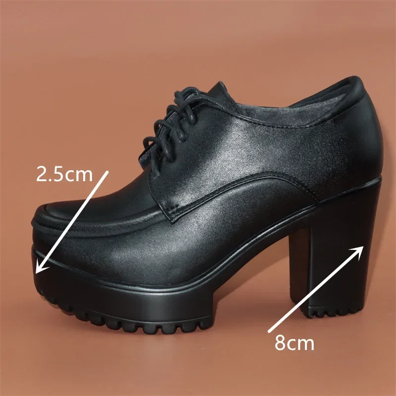 Small Size 32-43 Deep Mouth lace Block High Heels Shoes Women 2025 Fall Winter Thick Platform Pumps with Fur Office Oxfords