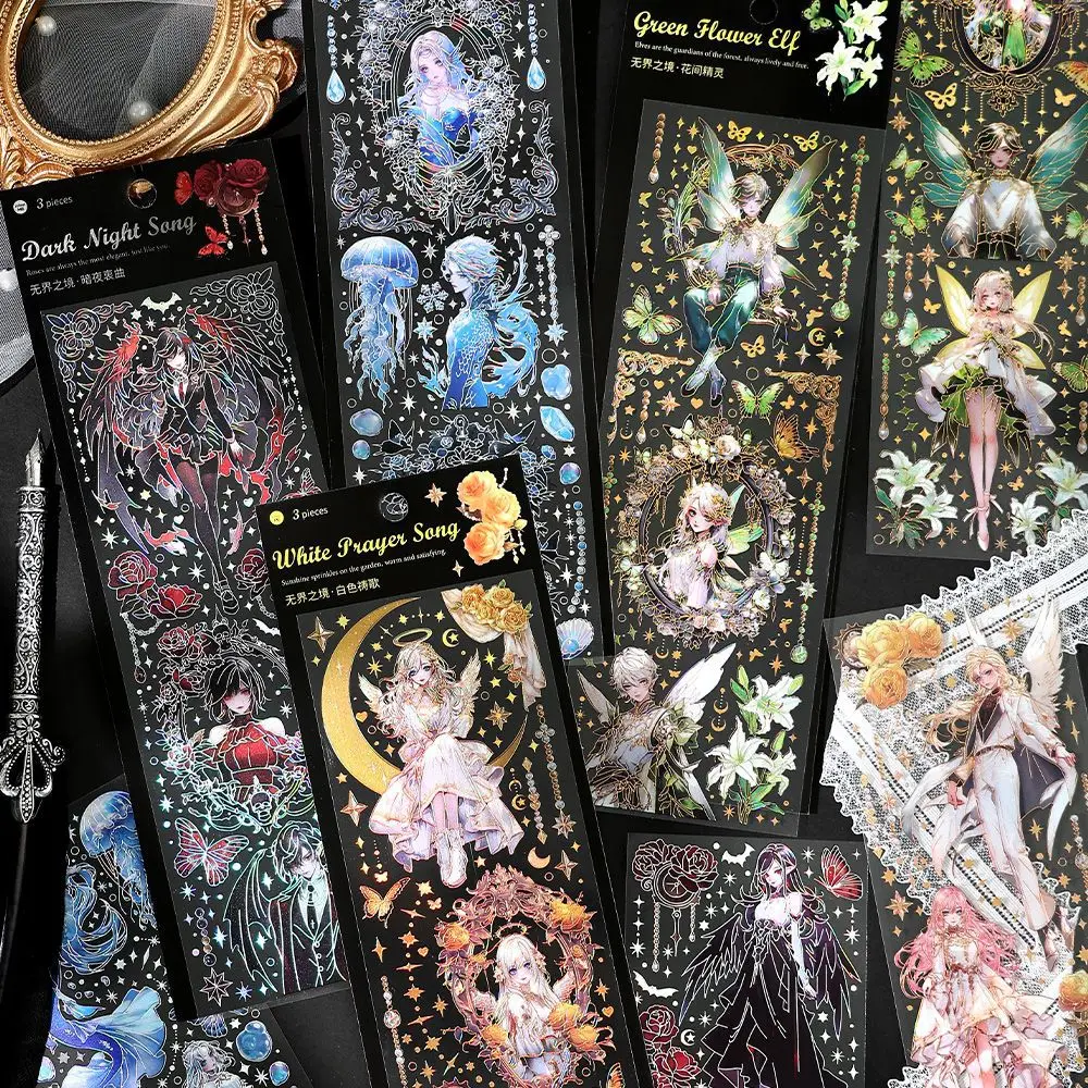 3 pcs Long Strip Stickers Vintage Dark Style Bronzing PET Stickers handmade DIY Hand Account Stick Labels Scrapbooking material