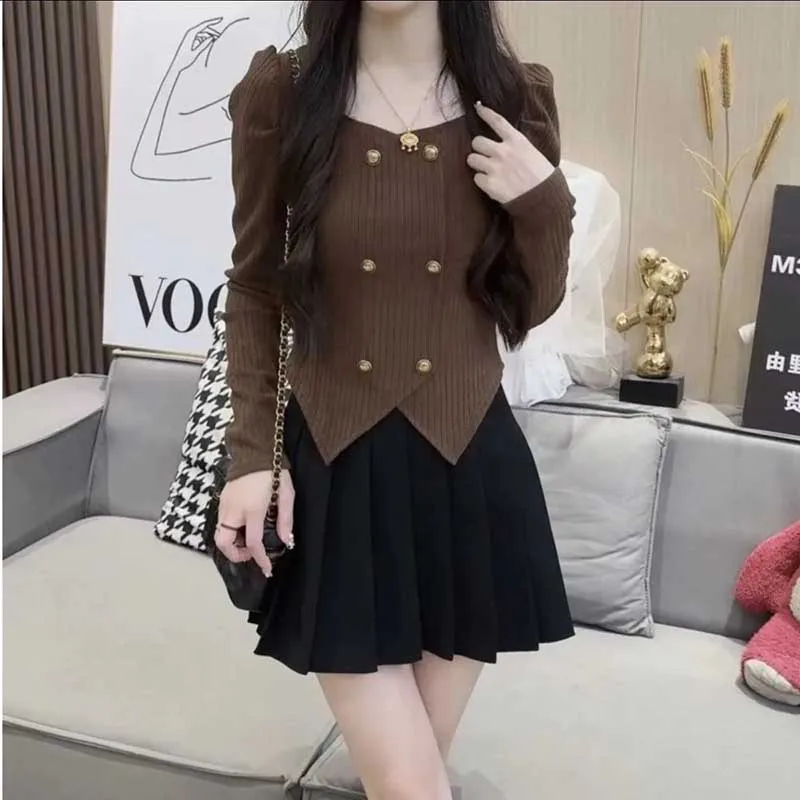 Sweet Solid Color Button Korean Puff Sleeve T-Shirt Female Clothing 2023 Autumn Winter Loose Casual Tops Asymmetrical Tee Shirt