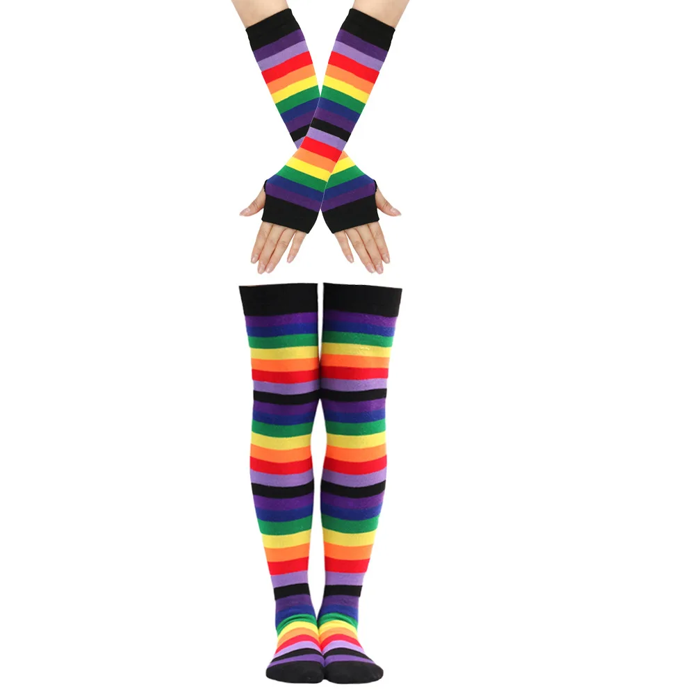 Auffällige Weiche Regenbogen-Streifen Baumwoll-Overknee-Socken Lässiges Armstulpen-Set Festliche Maskerade Cosplay Performance-Accessoires – Detail 8