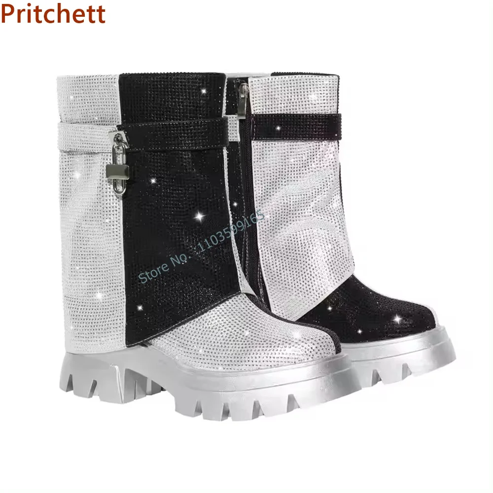 Lock Patchwork Crystal Mid Calf Boots Round Toe Thick Soled Side Zipper Mixed Color Women's Shoes Spring Bling Modern Shoes