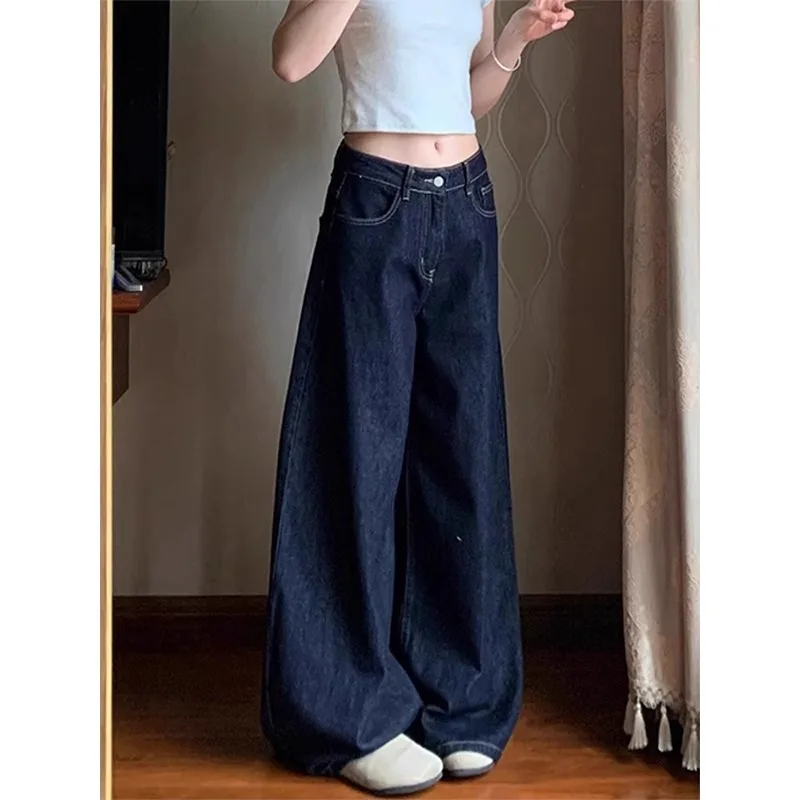 Thickened Fleece Lined Wide Leg Retro Blue Jeans Women Loose Hiding Hip Slimming Drapey Straight Leg Floor Length Pants Winter